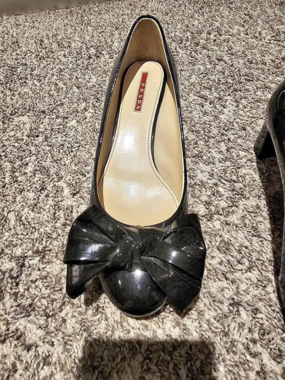 PRADA Patent Leather Bow Block Heel Pumps Black Patent
